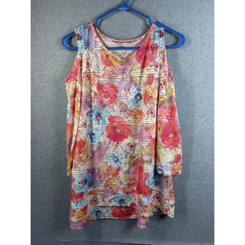 Erin London Blouse Womens Medium Multicolor Floral Cold Shoulder Mesh Tunic Top